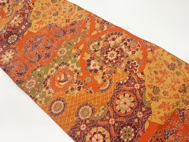 切り嵌め風華文に花唐草・向かい鳥模様織出し名古屋帯